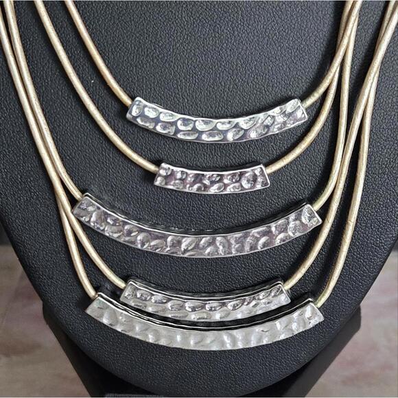 Lia Sophia Tiered Multi Strand Silver Tone Hammered Bar Necklace - Picture 2 of 4